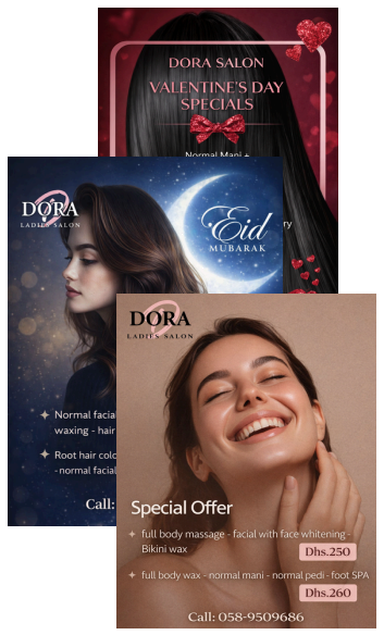 Dora Salon seasonal campaign creatives: Valentine's Day specials, Eid Mubarak offers and a special offer package