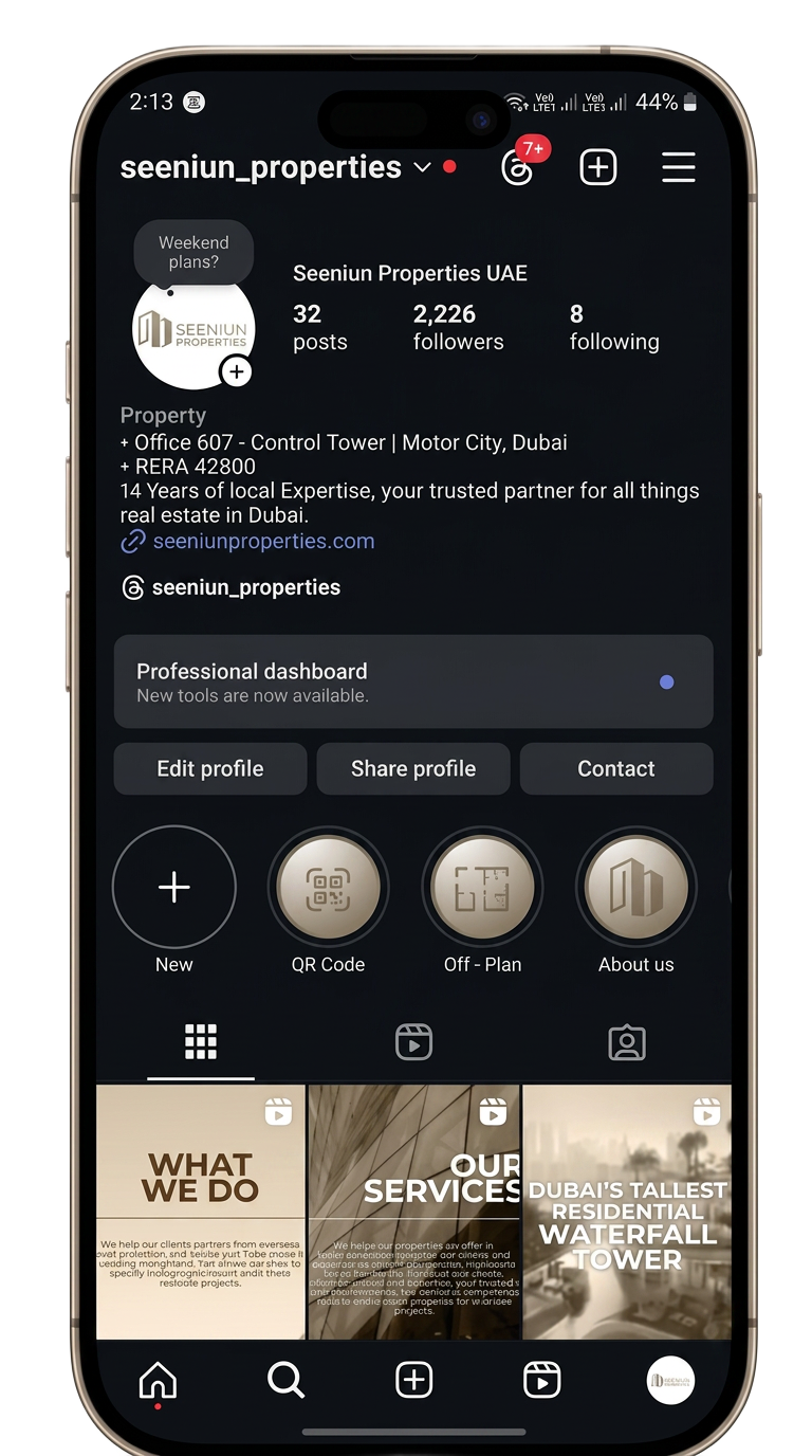 Seenlun Properties Instagram profile: 2,226 followers, optimised bio and property content grid