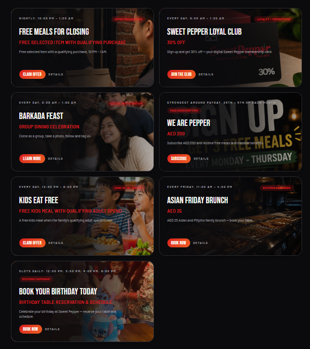 Sweet Pepper Restaurant offer cards free meals for closing, Loyal Club 30% off, Barkada Feast, We Are Pepper subscription, Kids Eat Free, Asian Friday Brunch and birthday bookings
