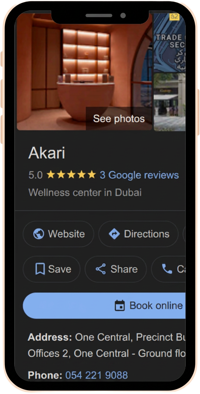 Akari Google Business Profile on mobile showing 5.0 rating, directions and book online