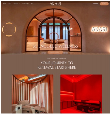 Akari wellness website homepage with science-led wellness hero and treatment rooms