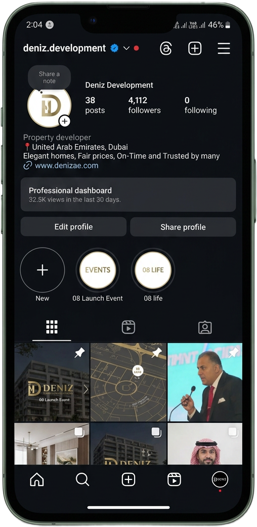 Deniz Developers Instagram profile: 4,112 followers, Meta verified, optimised bio and content grid