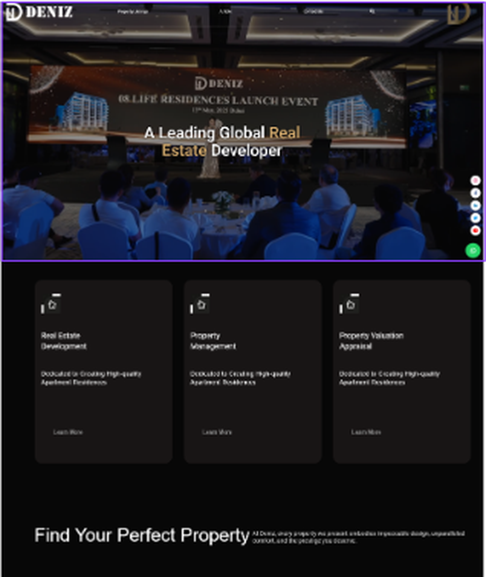 Deniz Developers new website: video hero of the project launch with sleek property-led sections