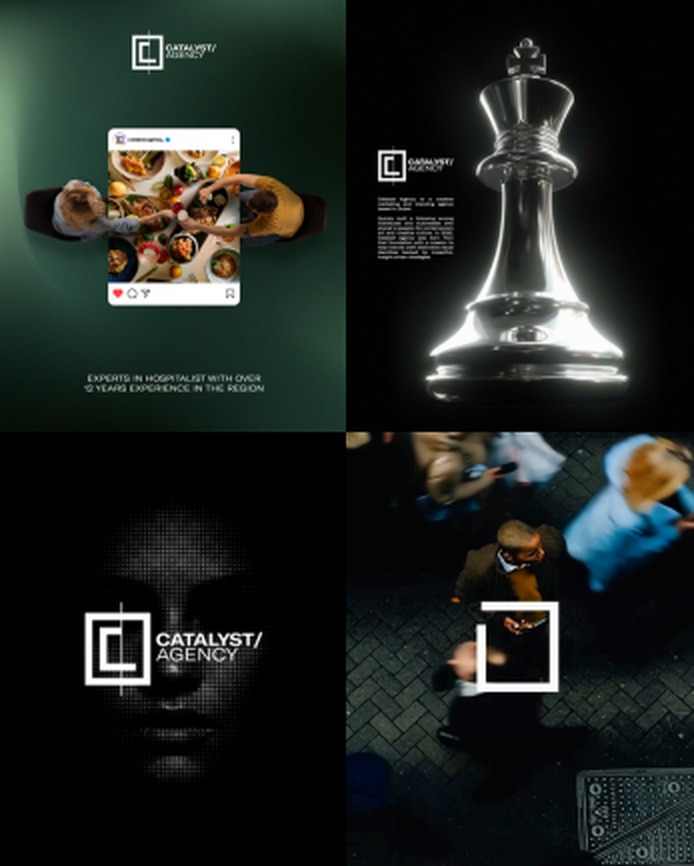 Catalyst Concepts brand creative grid: hospitality content, chess-piece key visual, agency logo mark and event photography