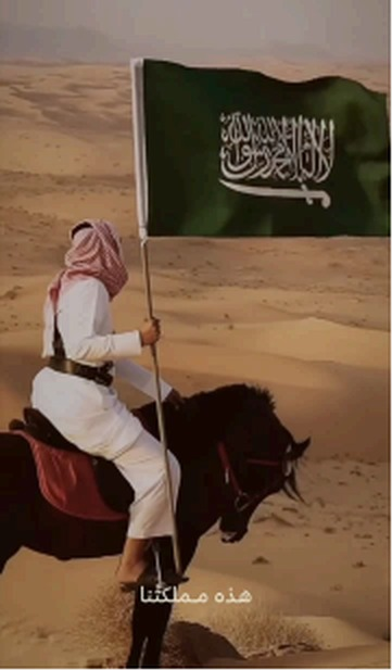 Short-form video frame: horse rider carrying the Saudi flag in the desert